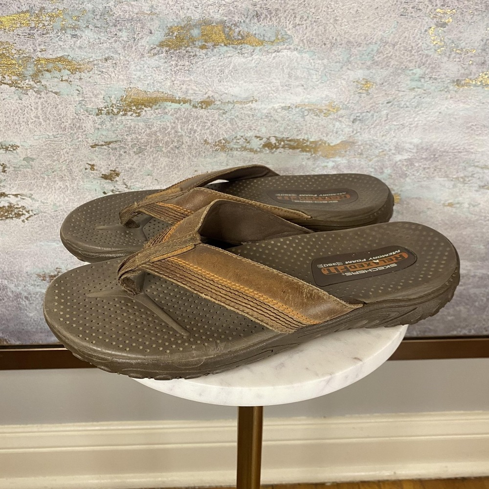 Skechers Sandals Mens Size 8 Brown Flip Flops Relaxed Fit Memory Foam 65460